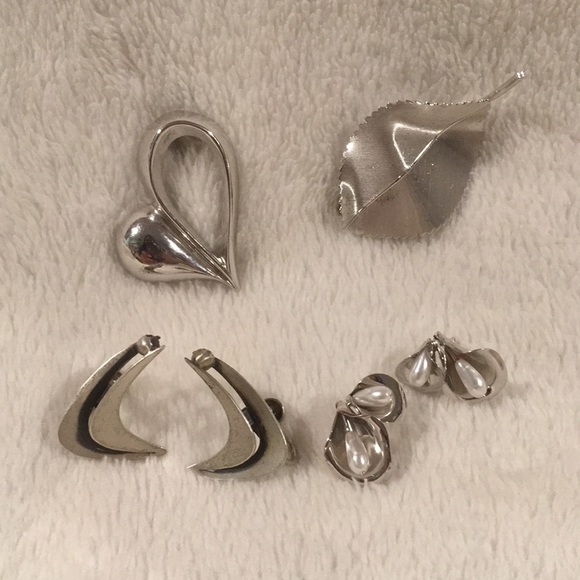 Vintage Beau Sterling Silver Calla Lily Pearl Earrings & Heart Leaves Brooch Lot - Picture 1 of 8